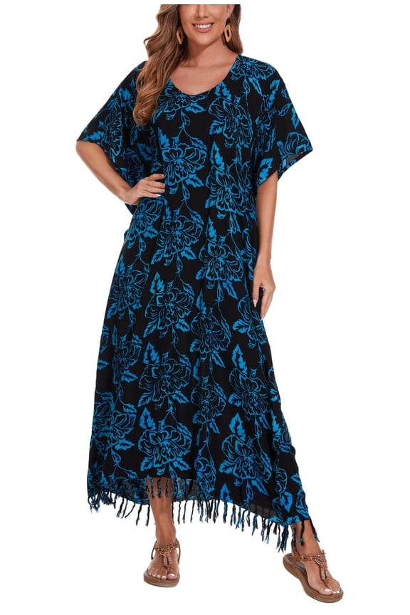 Dark blue Women Hand Blocked Batik Rayon Caftan Kaftan Loungewear Maxi Plus Size Long Dress 4X