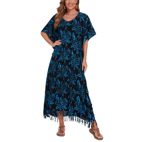 Beautybatik Dark blue Women Hand Blocked Batik Rayon Caftan Kaftan Loungewear Maxi Plus Size Long Dress XL