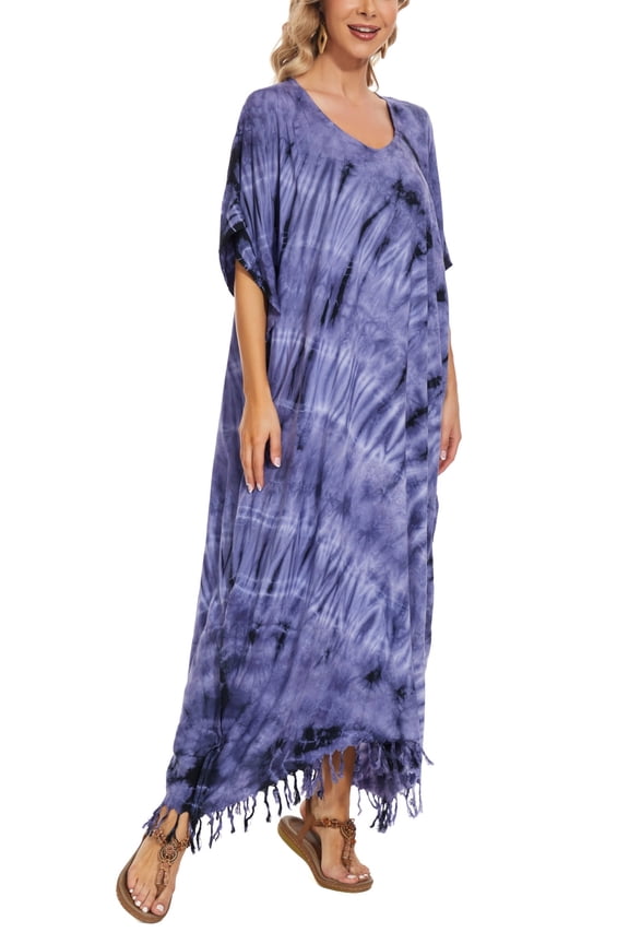 Dark blue Women Hippie Tie Dye Caftan Kaftan Loungewear Maxi Plus Size Long Dress 1X