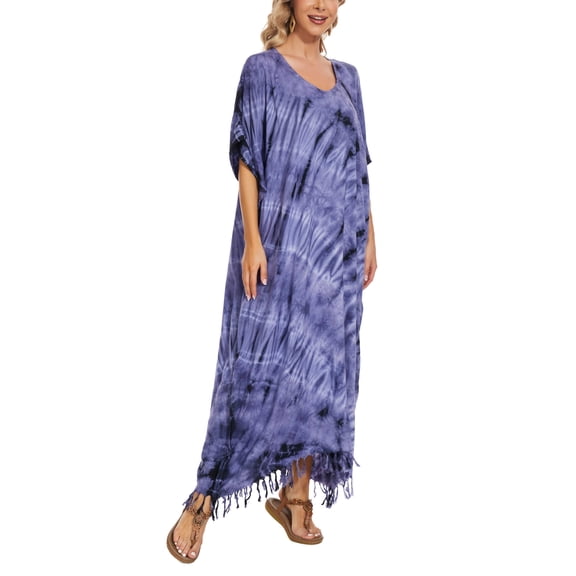 Beautybatik Dark blue Women Hippie Tie Dye Caftan Kaftan Loungewear Maxi Plus Size Long Dress 4X