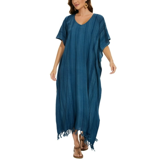 Beautybatik Dark blue Women Stripe Caftan Kaftan Loungewear Maxi Plus Size Long Dress 4X