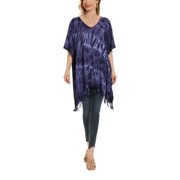 Beautybatik Dark Blue Womens Boho Hippie Batik Tie Dye Plus Size Tunic Blouse Kaftan Top 2x