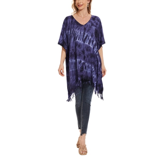 Beautybatik Dark Blue Womens Boho Hippie Batik Tie Dye Plus Size Tunic Blouse Kaftan Top 4x