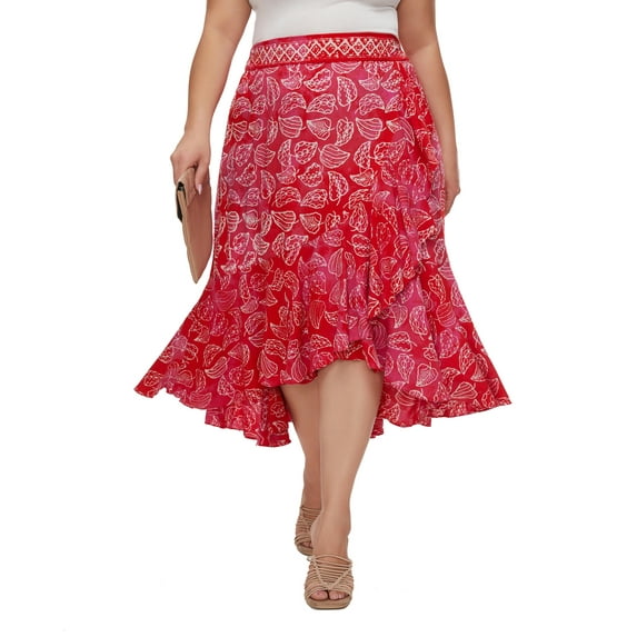 Beautybatik Fuchsia Women Batik Floral Print Long Flowy Pleated Elastic High Low Ruffle Skirt 2X