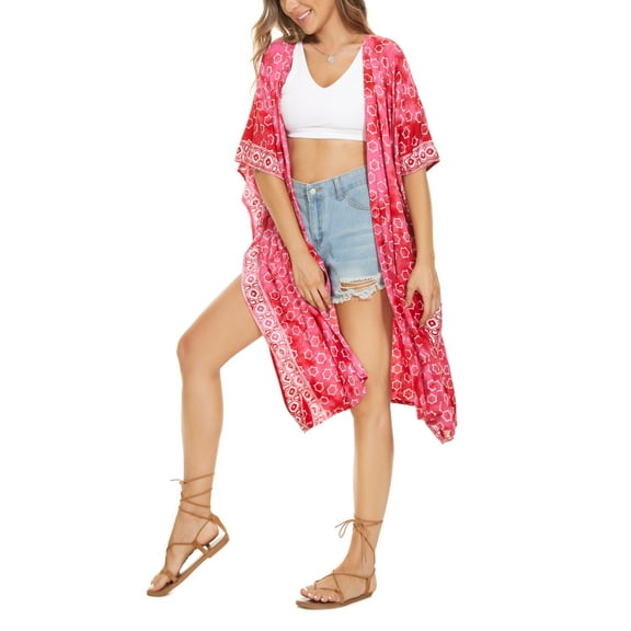 Beautybatik Fuchsia Women HIPPIE Gypsy Hand Batik Kimono Cardigan Shawl Wrap Swimsuit Cover Up Jacket One Size