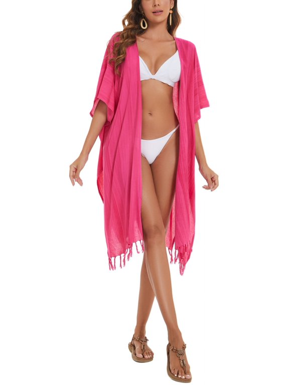 Fuchsia Women HIPPIE Gypsy Stripe Printed Kimono Cardigan Shawl Wrap Swimsuit Cover Up Jacket One Size