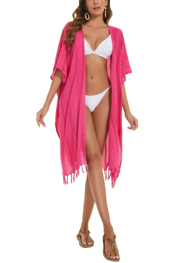 Fuchsia Women HIPPIE Gypsy Stripe Printed Kimono Cardigan Shawl Wrap Swimsuit Cover Up Jacket One Size