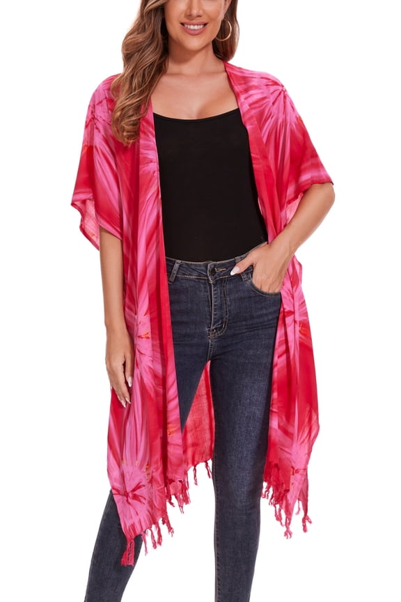 Fuchsia Women HIPPIE Gypsy Tie Dye Kimono Cardigan Shawl Wrap Swimsuit Cover Up Jacket One Size