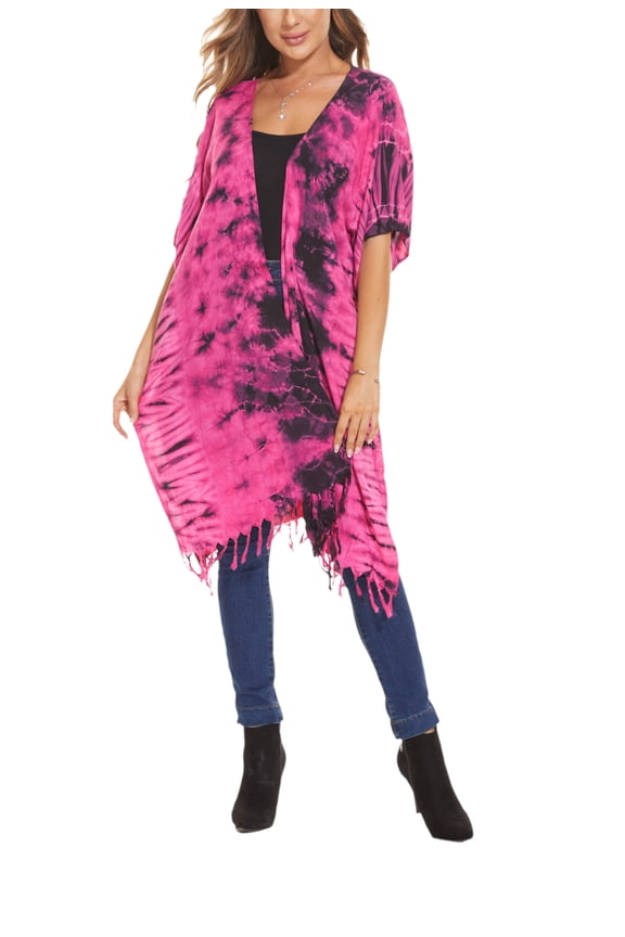 Fuchsia Women HIPPIE Gypsy Tie Dye Kimono Cardigan Shawl Wrap Swimsuit Cover Up Jacket One Size