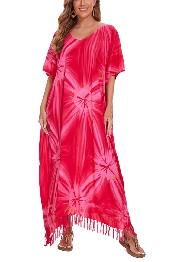 Fuchsia Women Hippie Tie Dye Caftan Kaftan Loungewear Maxi Plus Size Long Dress 3X