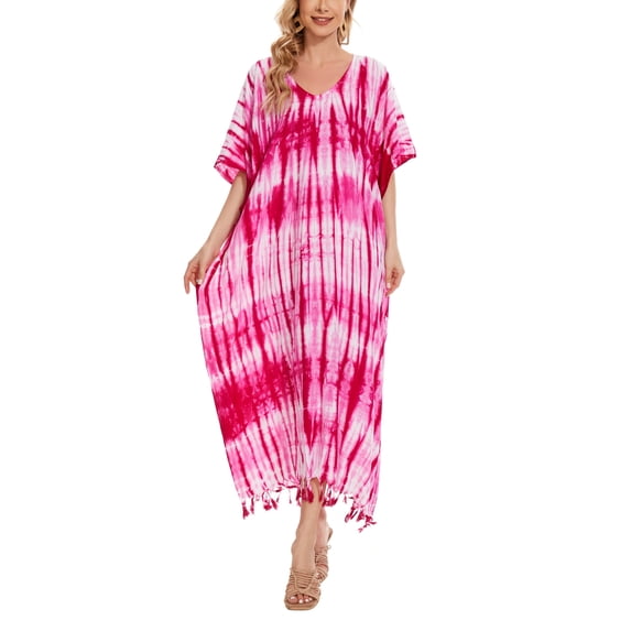Beautybatik Fuchsia Women Hippie Tie Dye Caftan Kaftan Loungewear Maxi Plus Size Long Dress 4X