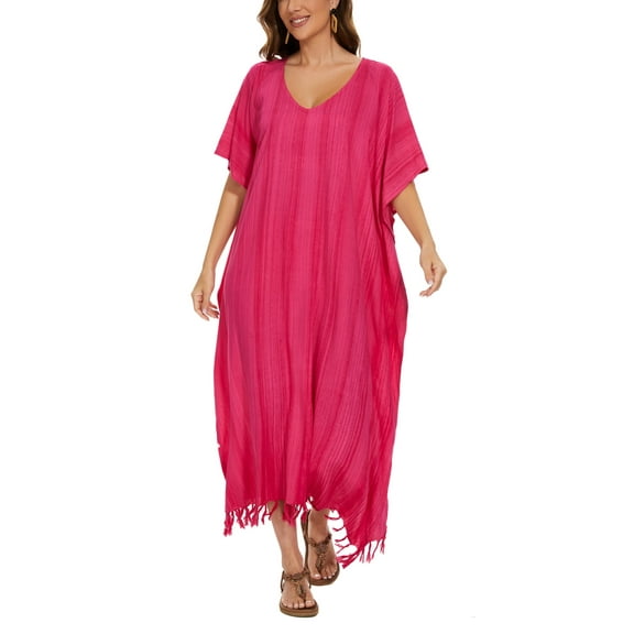 Beautybatik Fuchsia Women Stripe Caftan Kaftan Loungewear Maxi Plus Size Long Dress 1X
