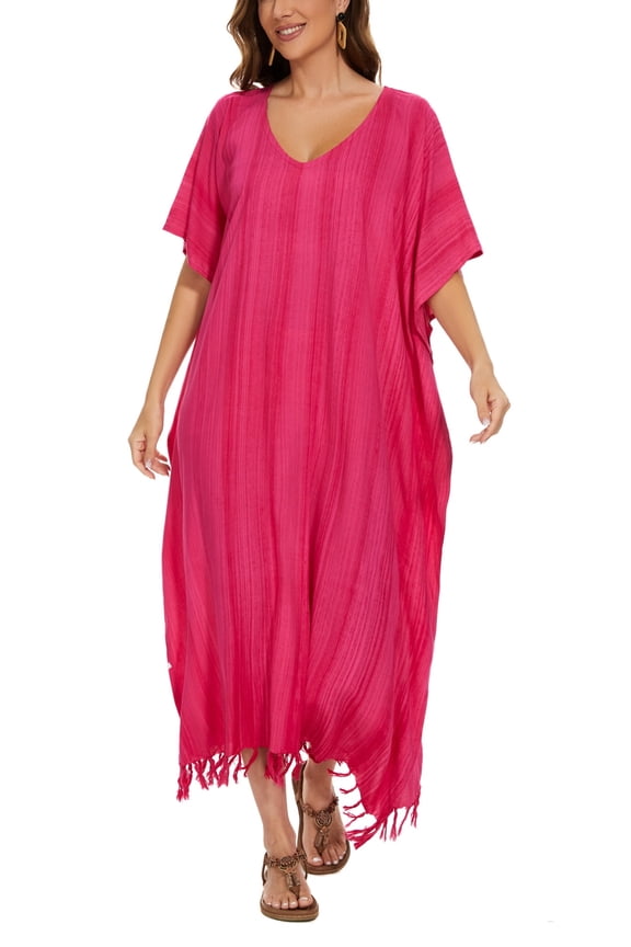 Fuchsia Women Stripe Caftan Kaftan Loungewear Maxi Plus Size Long Dress 3X