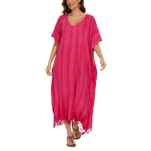 Beautybatik Fuchsia Women Stripe Caftan Kaftan Loungewear Maxi Plus Size Long Dress 4X