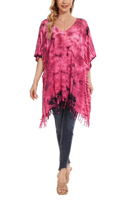 Fuchsia Womens Boho Hippie Batik Tie Dye Plus Size Tunic Blouse Kaftan Top 4x