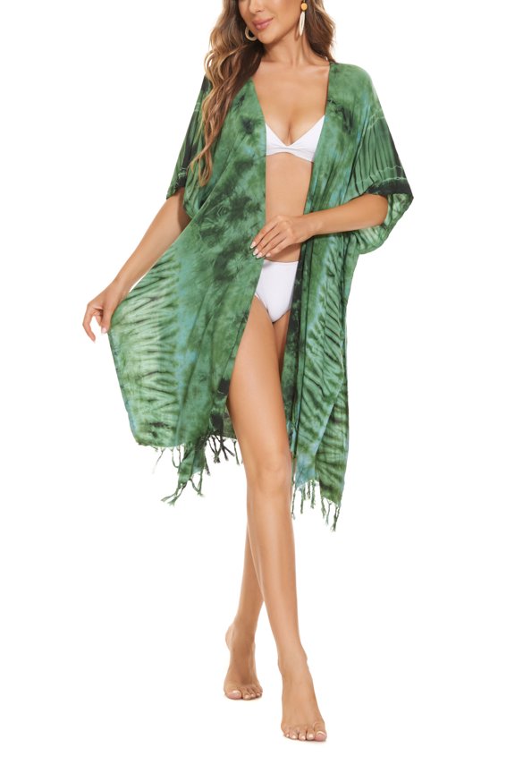 Green Women HIPPIE Gypsy Tie Dye Kimono Cardigan Shawl Wrap Swimsuit Cover Up Jacket One Size