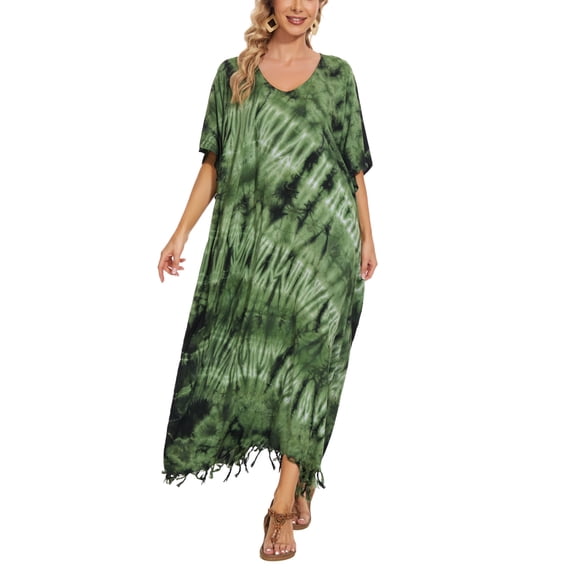 Beautybatik Green Women Hippie Tie Dye Caftan Kaftan Loungewear Maxi Plus Size Long Dress 3X