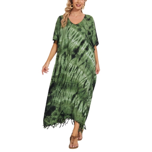 Beautybatik Green Women Hippie Tie Dye Caftan Kaftan Loungewear Maxi Plus Size Long Dress 4X