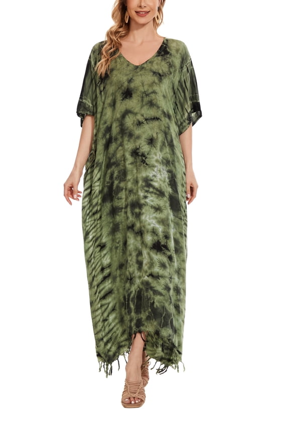 Green Women Hippie Tie Dye Caftan Kaftan Loungewear Maxi Plus Size Long Dress 4X