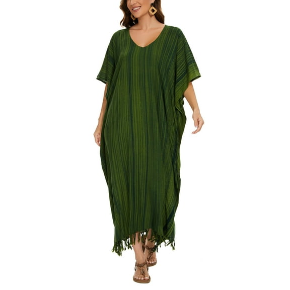 Beautybatik Green Women Stripe Caftan Kaftan Loungewear Maxi Plus Size Long Dress 2X