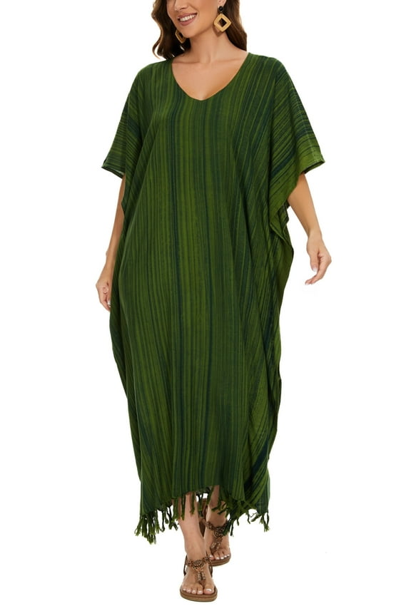 Green Women Stripe Caftan Kaftan Loungewear Maxi Plus Size Long Dress 2X