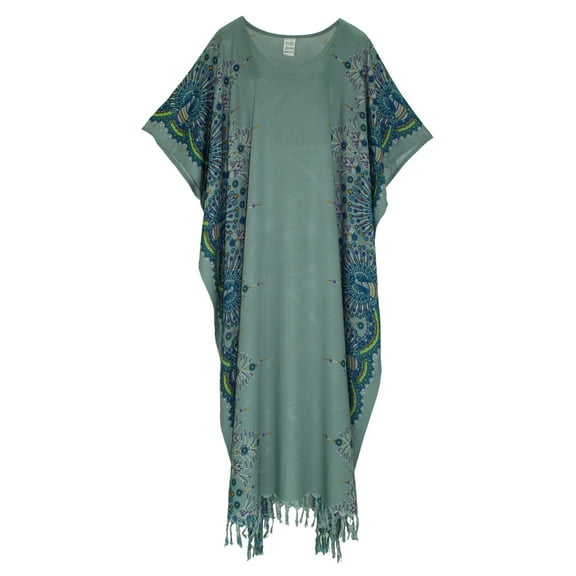 Beautybatik Grey Boho Flora Printed Women Plus Size Kaftan Kimono Loungewear Maxi Long Dress 3X