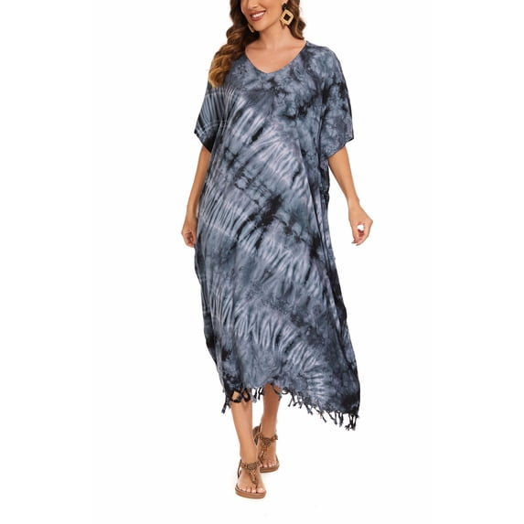 Beautybatik Grey Women Hippie Tie Dye Caftan Kaftan Loungewear Maxi Plus Size Long Dress 4X