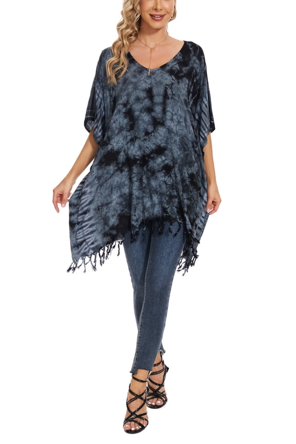 Grey Womens Boho Hippie Batik Tie Dye Plus Size Tunic Blouse Kaftan Top 2x