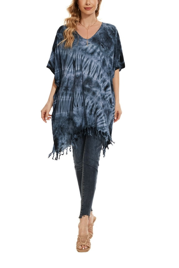 Grey Womens Boho Hippie Batik Tie Dye Plus Size Tunic Blouse Kaftan Top 4x