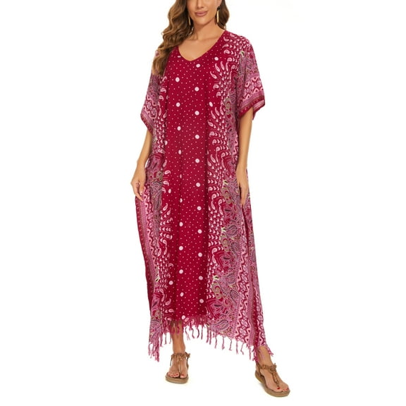 Beautybatik Maroon Boho Flora Printed Women Plus Size Kaftan Kimono Loungewear Maxi Long Dress 3X