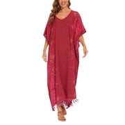 Beautybatik Maroon Boho Flora Printed Women Plus Size Kaftan Kimono Loungewear Maxi Long Dress 4x