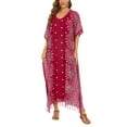 thumbnail image 1 of Beautybatik Maroon Boho Flora Printed Women Plus Size Kaftan Kimono Loungewear Maxi Long Dress 4X, 1 of 5