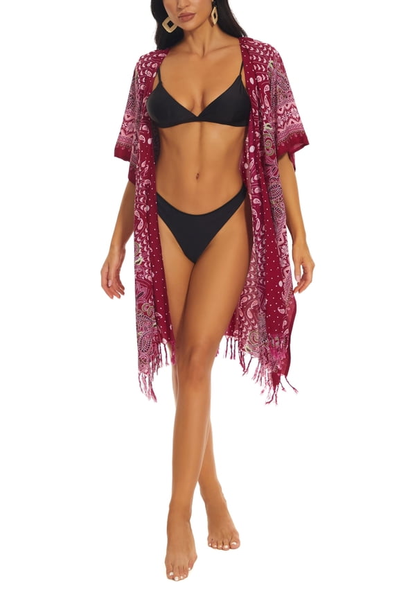 Maroon Women HIPPIE Gypsy Boho Printed Kimono Cardigan Shawl Wrap Swimsuit Cover Up Jacket One Size