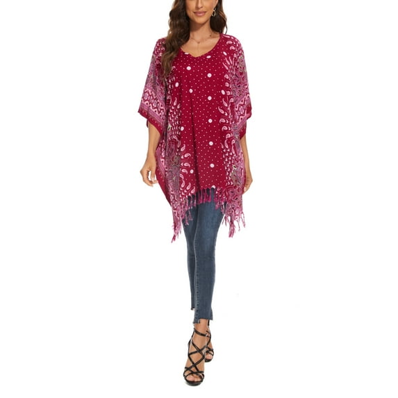 Beautybatik Maroon Women Plus Size Tunic Tops Boho Flora Printed Short Sleeve V neck Shirt 1X