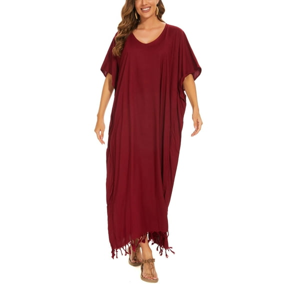 Beautybatik Maroon Women Solid Caftan Kaftan Loungewear Maxi Plus Size Long Loose Dress 2X
