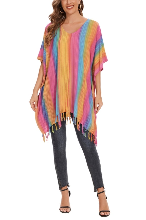 Multicoloured Boho Stripe Caftan Women Tunic Top Blouse Plus Size 4X