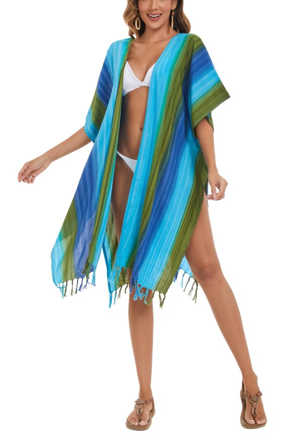Multicoloured Women HIPPIE Gypsy Stripe Printed Kimono Cardigan Shawl Wrap Swimsuit Cover Up Jacket One Size