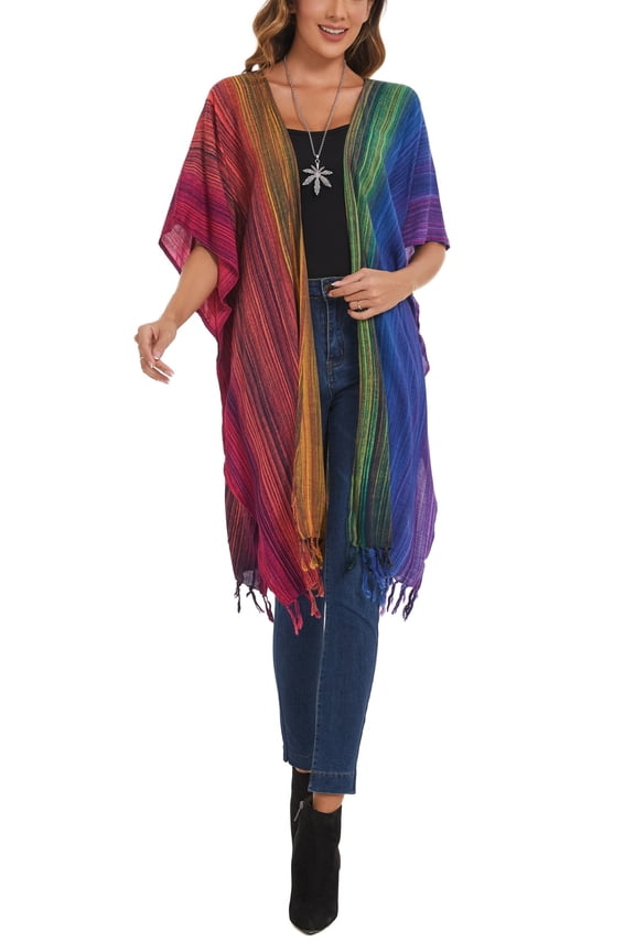 Multicoloured Women HIPPIE Gypsy Stripe Printed Kimono Cardigan Shawl Wrap Swimsuit Cover Up Jacket One Size
