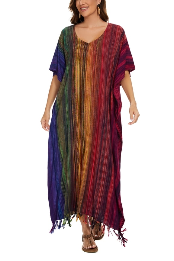 Multicoloured Women Stripe Caftan Kaftan Loungewear Maxi Plus Size Long Dress 4X