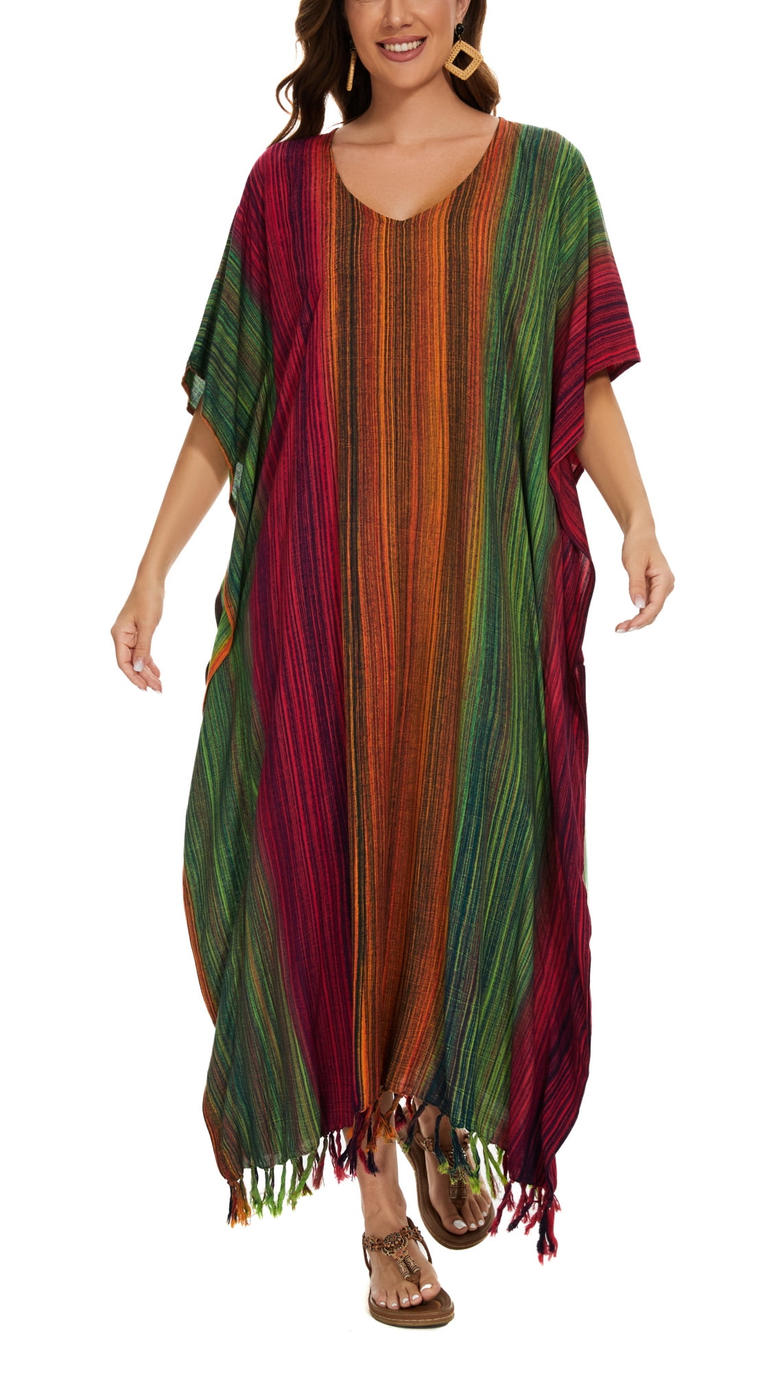 Yellow Multicolor Plus Size Polyester Long Caftan For Women