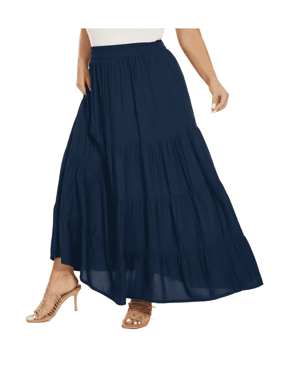 Navy blue Women Boho Gypsy Summer Elastic Waist Renaissance Maxi Flowy Long Tiered Plus Size Skirt XL