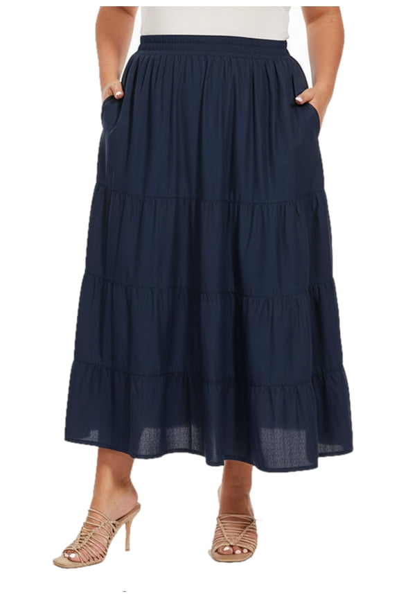 Women Navy Blue Cotton Plus Size Boho Gypsy Summer High Elastic Waisted A Line Long Maxi Tiered Skirt With Pockets 3x