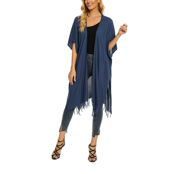 Beautybatik Navy blue Women Long Solid Kimono Cardigan Shawl Wrap Swimsuit Cover Up Jacket One Size