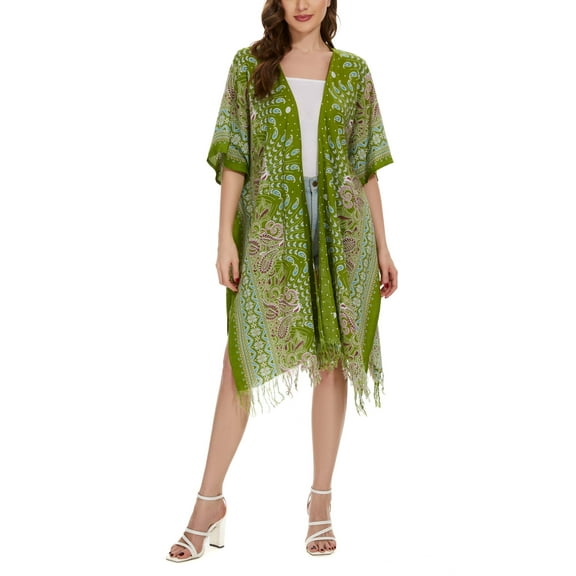 Beautybatik Olive Women HIPPIE Gypsy Boho Printed Kimono Cardigan Shawl Wrap Swimsuit Cover Up Jacket One Size