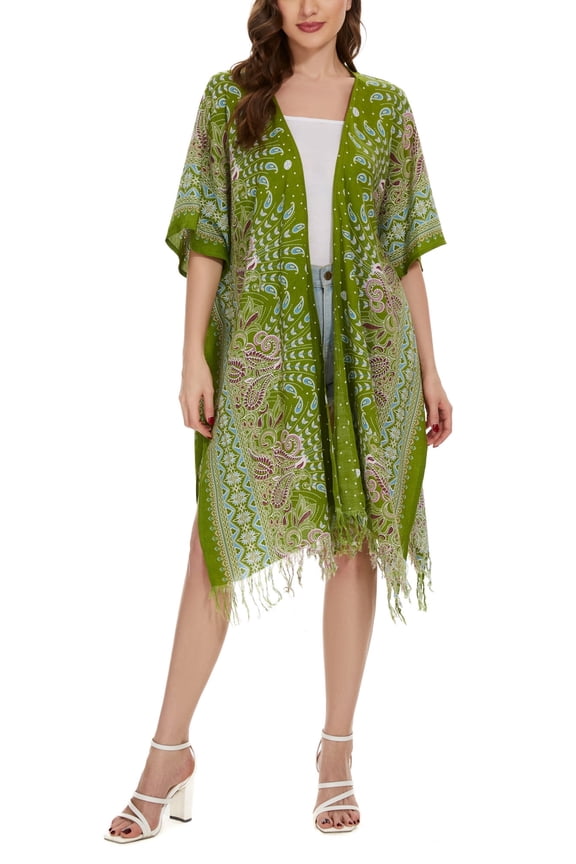 Olive Women HIPPIE Gypsy Boho Printed Kimono Cardigan Shawl Wrap Swimsuit Cover Up Jacket One Size