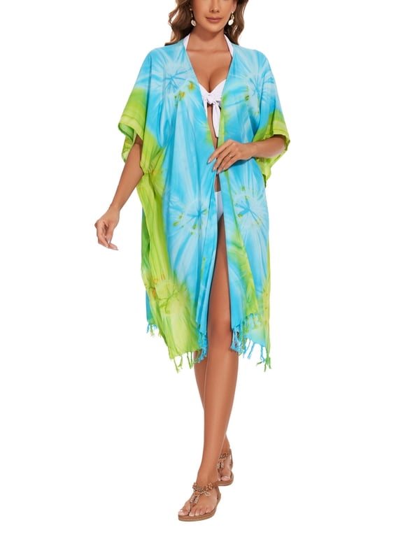 Olive Women HIPPIE Gypsy Tie Dye Kimono Cardigan Shawl Wrap Swimsuit Cover Up Jacket One Size