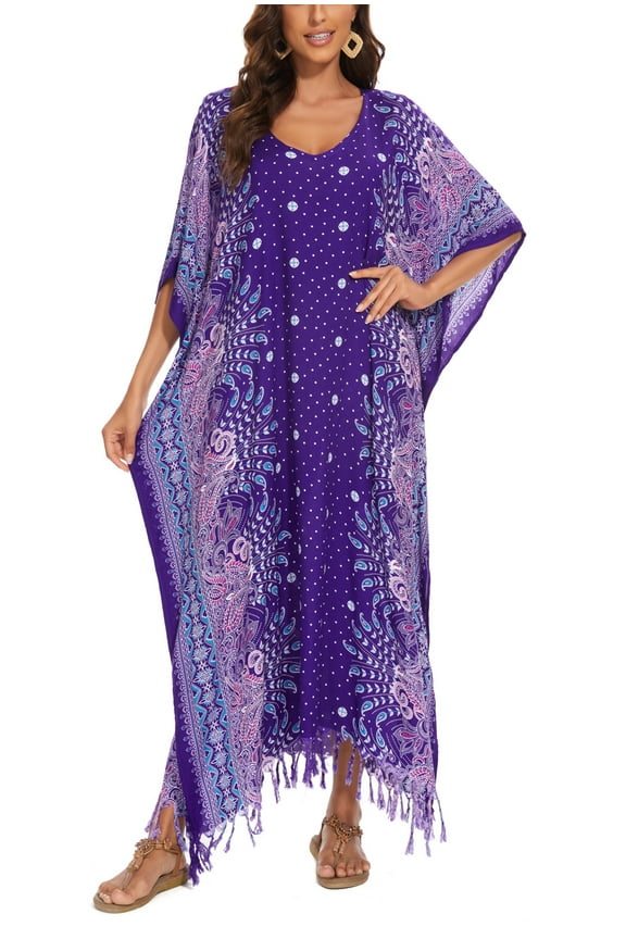 Purple Boho Flora Printed Women Plus Size Kaftan Kimono Loungewear Maxi Long Dress XL