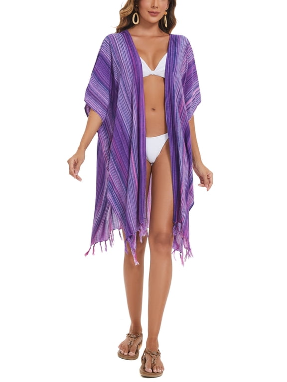 Purple Women HIPPIE Gypsy Stripe Printed Kimono Cardigan Shawl Wrap Swimsuit Cover Up Jacket One Size