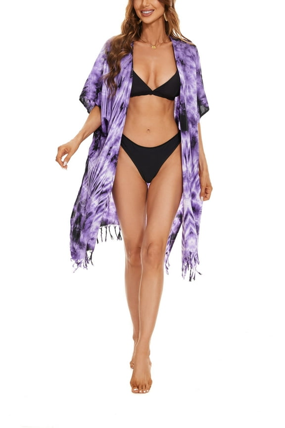 Purple Women HIPPIE Gypsy Tie Dye Kimono Cardigan Shawl Wrap Swimsuit Cover Up Jacket One Size