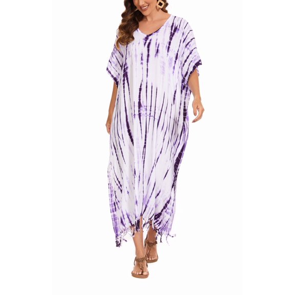 Beautybatik Purple Women Hippie Tie Dye Caftan Kaftan Loungewear Maxi Plus Size Long Dress 3X